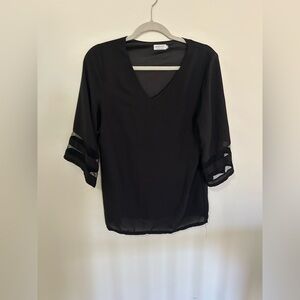 Black v neck blouse with mesh striped sleeves